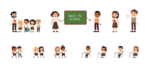 Petits Écoliers Enseignants Internationaux Des Camarades Classe Joyeux Debout Près — Image vectorielle