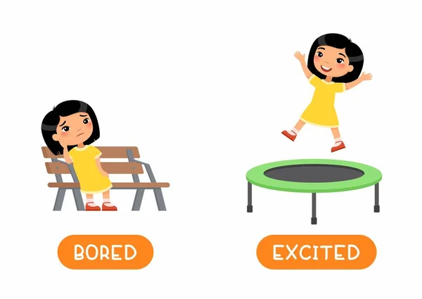 Asijské Dívky Skákání Sezení Lavičce Ilustrace Typografií Koncept Protikladů Excited — Stockový vektor