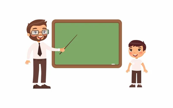 教室の平らなベクトルイラストで教師と学生 空の黒板漫画のキャラクターの近くに立つ男性教師と生徒 白地に孤立した学校の少年 — ストックベクタ