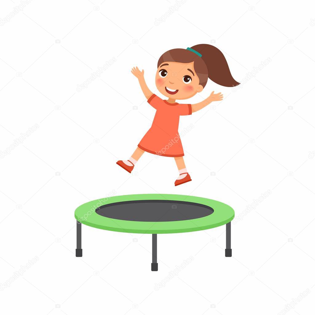 Little girl jumping on trampoline flat vector illustration. Happy sportive child having fun, playing. Preteen cheerful child enjoying game, childhood activity. Isolated cartoon character on white