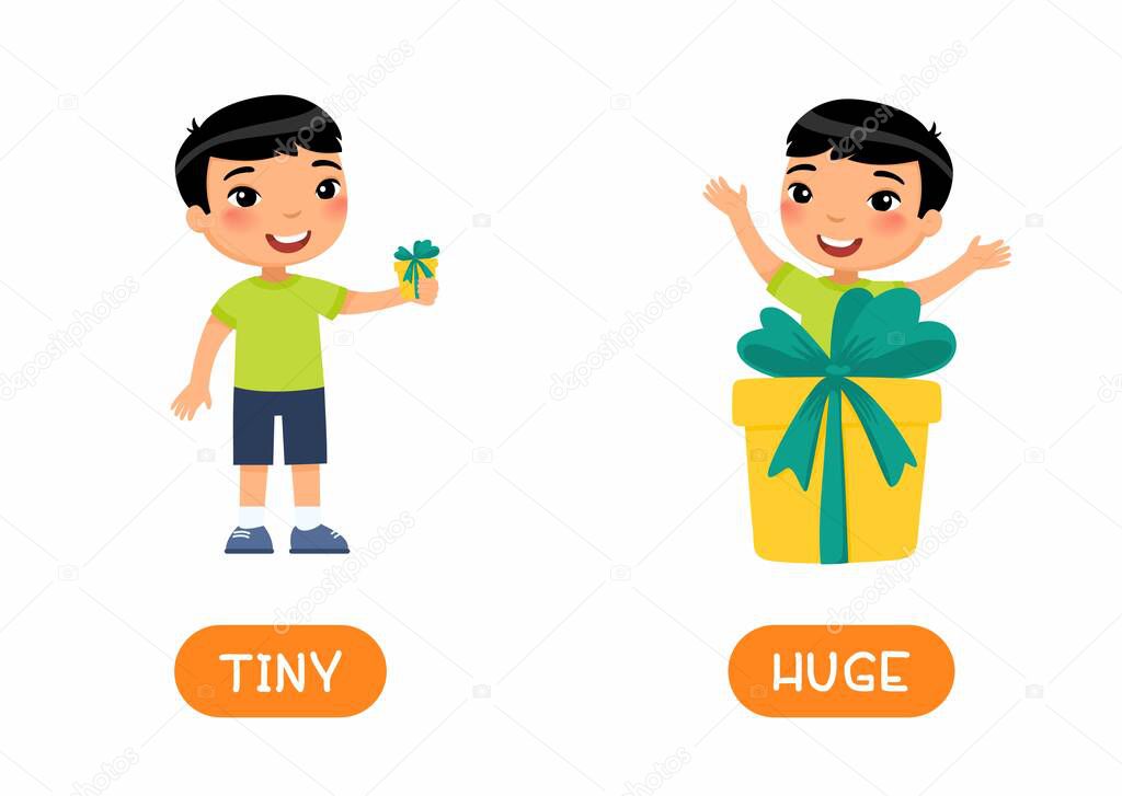 HUGE and TINY antonyms flashcard vector template. Opposites concept. Boy with big gift box and with small gift box illustration with typography. Word card for english language learning with flat character.