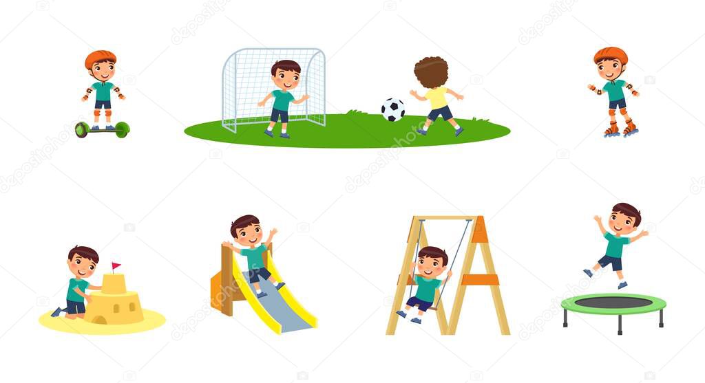 Little boy plays in the playground. Concept of summer entertainment. Child plays different summer games.  Sport and recreation. Cartoon character, flat vector illustration set.
