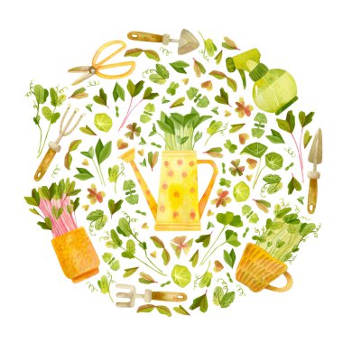 Bahçe aletleri ve el çizimi resimleriyle dolu tam bir çerçeve. Bahar suluboya çizimi. Beyaz arka planda çizgi film yeşil tırmanışlar. Beyaz arkaplanda izole edilmiş bahçe bileşimine sahip çerçeve