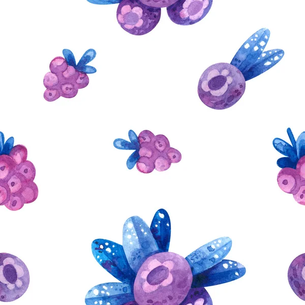 Seamless pattern with blueberries raspberries. Hand drawn stylized berries. Wallpaper, wrapping paper design, textile, scrapbooking, digital paper. Watercolor hand drawn illustrations on white background.