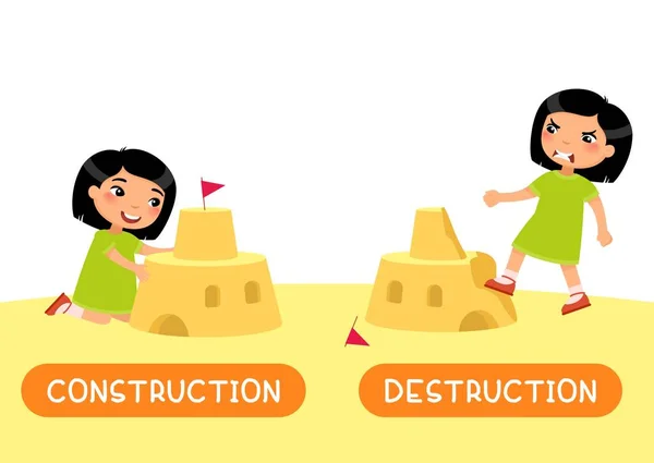 Concepto Opuesto Construcción Destrucción Inglés Idioma Educativo Tarjeta Flash Vector — Archivo Imágenes Vectoriales