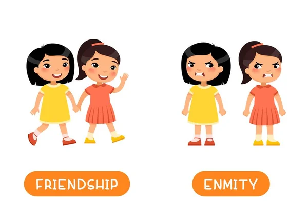 友情とEnmityの別名フラッシュカードベクトルテンプレート 概念に反する 2人の小さなアジアの女の子と友人のイラストをタイポグラフィで口論 平たい文字で英語学習のためのワードカード — ストックベクタ