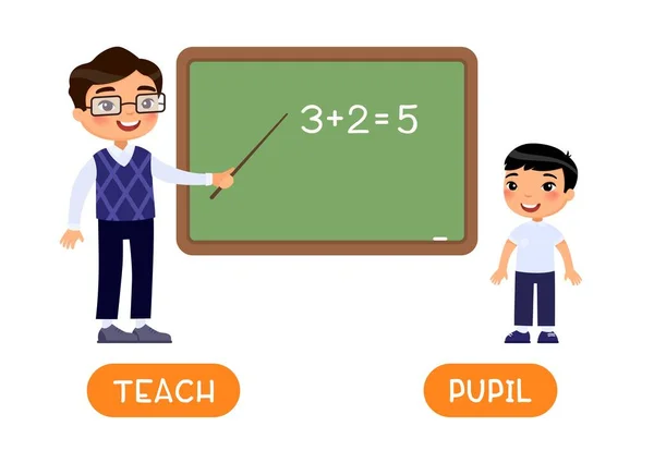 Азиатские Антонимы Флэш Карт Pupil Teacher Искушают Противоположности Концепции Словарная — стоковый вектор