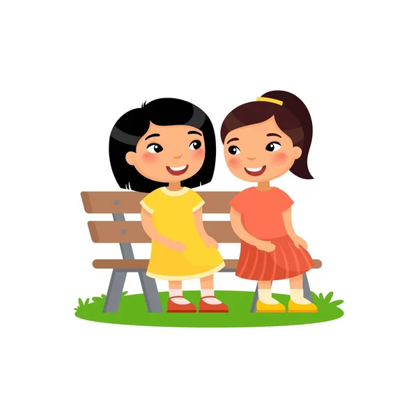 Due Bambine Asiatiche Sono Sedute Sulla Panchina Amiche Stanno Parlando — Vettoriale Stock