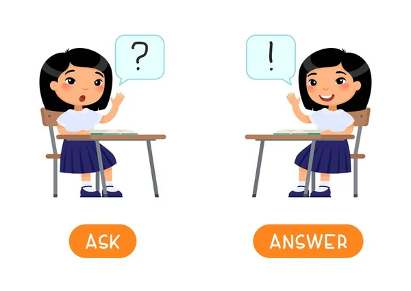 アントニムスのコンセプト AskとAnswer 反対者と教育用ワードカード 英語学習のためのフラッシュカード 女子高生が手を差し伸べ 質問をします 答えたいです タイポグラフィのフラットベクトルイラスト — ストックベクタ