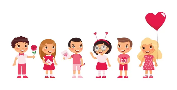 Niños Niñas Citas Celebrando San Valentín Ilustración Vectorial Plana Día — Vector de stock