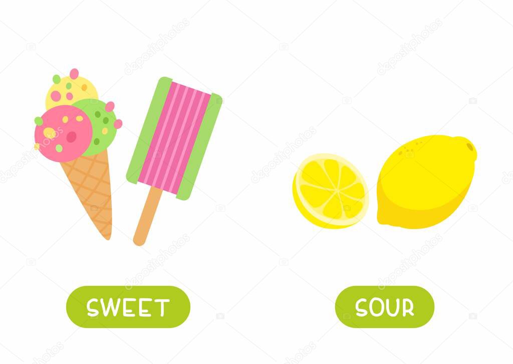 Antonyms concept, SOUR and SWEET. Lemon and ice cream. Educational flash card with food of different tastes template. Word card for english language learning with opposites. Flat vector illustration with typography