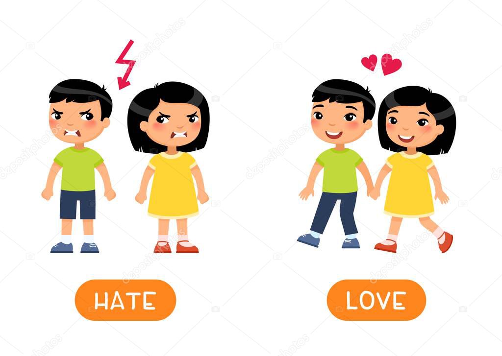 LOVE and HATE antonyms flashcard vector template. Opposites concept. Word card for english language learning with flat characters. Girl and boy quarrel and love illustration with typography