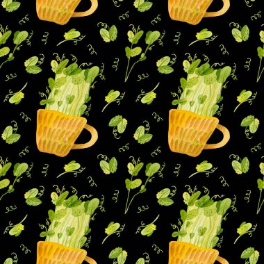 Yeşil bezelye tohumlarıyla seramik bardaklar. Parlak bahar mahsulleri. Taze mikroçerez, tere salatası. Bahçe sezonu. Elle çizilmiş suluboya desenli. Duvar kağıdı, ambalaj kağıdı tasarımı, tekstil, hatıra defteri, dijital kağıt.