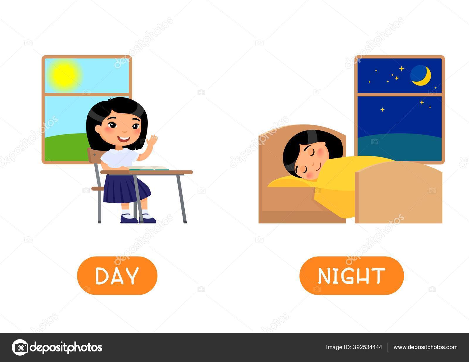 Antonyms Concept Day Night Educational Word Card Opposites Flash Card