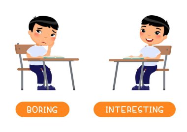 İlginç ve sıkıcı karşıt anlamlı kelime kartı vektör şablonu. İngilizce öğrenmek için flashcard. Konseptin zıttı. Küçük Asyalı okul çocuğu dersi ilgiyle dinlerse, çocuk sıkılır. Tipografi ile illüstrasyon