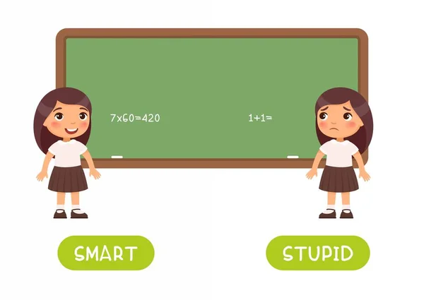 Concetto Antonyms Stiupid Smart Scheda Flash Educativo Con Modello Ragazze — Vettoriale Stock