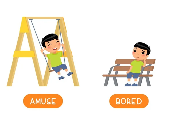 Kelime kartı vektör şablonunun komik ve sıkıcı karşıtları. İngilizce öğrenmek için flashcard. Konseptin zıttı. Mutlu Asyalı çocuk salıncakta sallanıyor, mutsuz çocuk bankta oturuyor.. Tipografi ile illüstrasyon