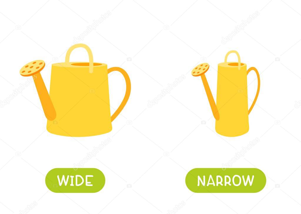 Antonyms concept, WIDE and NARROW. Educational flash card with yellow watering cans of different widths template. Word card for english language learning with opposites. Flat vector illustration with typography