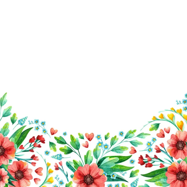 Pusta Kwadratowa Rama Jasnymi Wiosennymi Kwiatami Ręcznie Rysowane Ilustracje Kwiatowa — Zdjęcie stockowe