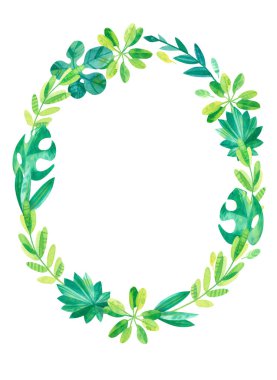 El çizimi resimli boş tropikal yaprak çerçevesi. Orman suluboya çizimi. Beyaz arka planda çizgi film yeşil tırmanışlar. Beyaz arkaplanda izole edilmiş yeşil bileşime sahip boş çerçeve