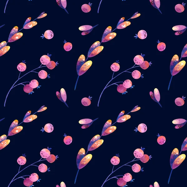 Seamless Pattern Pink Purple Cosmic Plants Stylized Leaves Berries Symbols — Stock Photo, Image