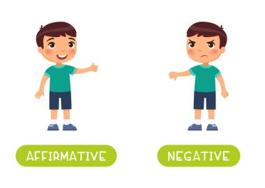Olumlu ve negatif karşıt sözcükler kelime vektör şablonu. İngilizce öğrenmek için flashcard. Konseptin zıttı. Küçük neşeli çocuk baş parmağını kaldırdı, hoşnutsuz çocuk baş parmağını kaldırdı..
