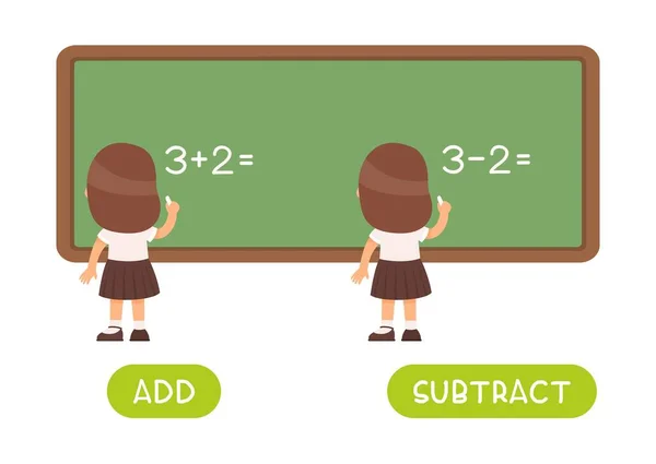 Agregar Restar Antónimos Palabra Tarjeta Vector Plantilla Flashcard Para Aprendizaje — Vector de stock