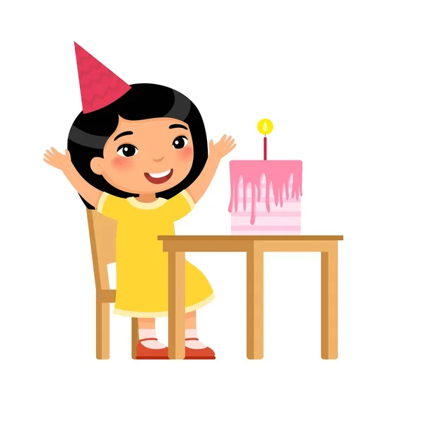 Little Asian Girl Birthday Cake Flat Vector Illustration Child Party — Stock Vector