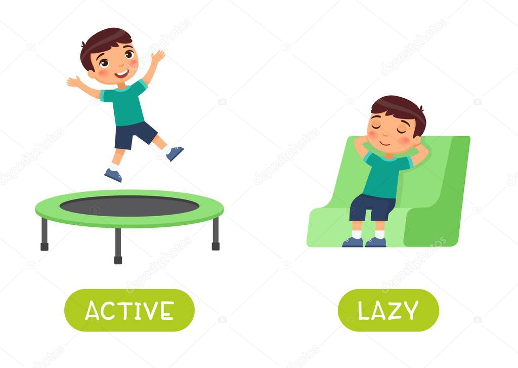 Active and lazy antonyms word card vector template. Flashcard for english language learning. Opposites concept. The boy jumps happily on the trampoline, the child sleeps in the chair.