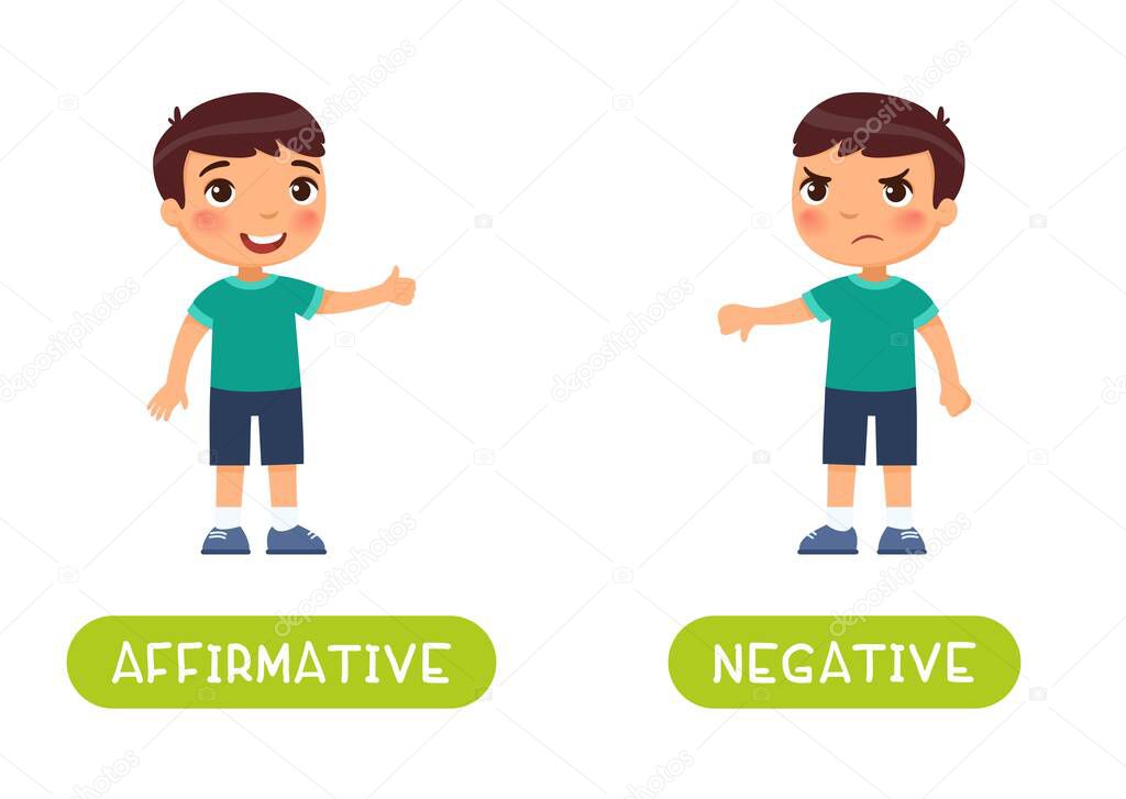 Affirmative and negative antonyms word card vector template. Flashcard for english language learning. Opposites concept. Little joyful boy shows thumbs up, displeased boy shows thumbs down gesture.