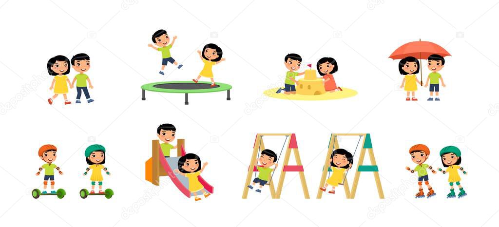 Little asian boy and girl plays in the playground. Concept of summer entertainment and friendship. Children play different summer games.  Sport and recreation. Cartoon characters, flat vector illustration set.