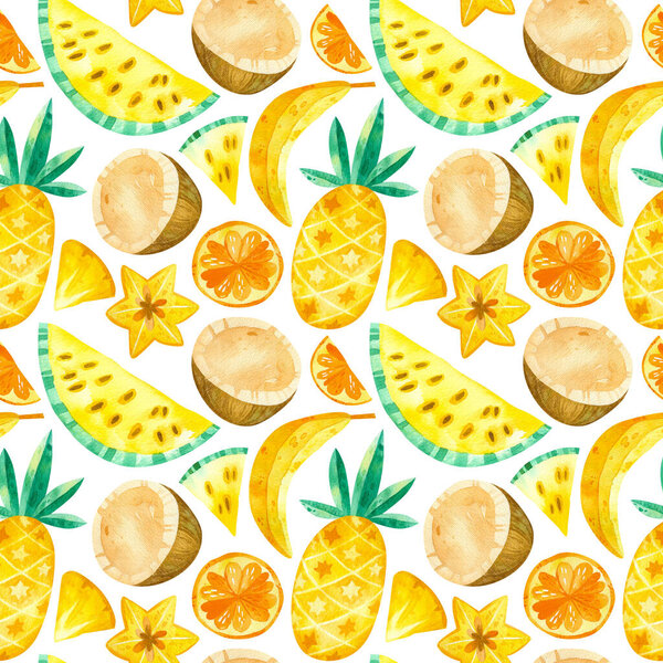 Tropical fruits  drawings seamless pattern. Summer fruits mix texture. Watercolor creative wallpaper, wrapping paper, textile design, scrapbooking, digital paper