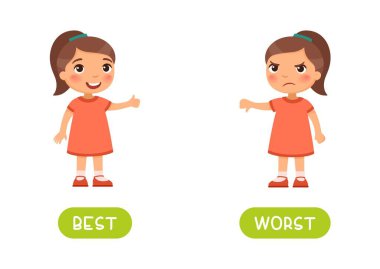 En iyi ve en kötü kelime karşıtlığı kelime vektör şablonu. İngilizce öğrenmek için flashcard. Konseptin zıttı. Neşeli küçük kız kabul etti, hoşnutsuz bir çocuk reddedildi..