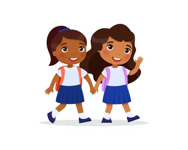 Două Şcolăriţe Merg Şcoală Ilustraţii Vectoriale Plate Cuplu Elevi Uniformă — Vector de stoc