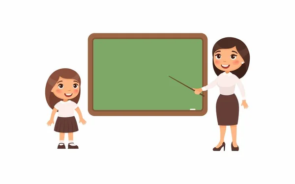 教室フラットベクトルイラストの先生と女子高生 空の黒板漫画のキャラクターの近くに立つ女教師と生徒 女子校生で学校クラス孤立上の白い背景 — ストックベクタ