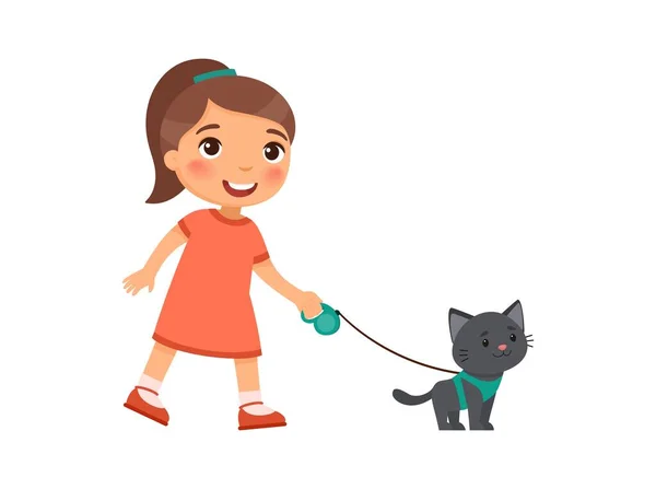 Joyful Little Girl Holding Cute Black Kitten Harness Concept Friendship — Stock Vector