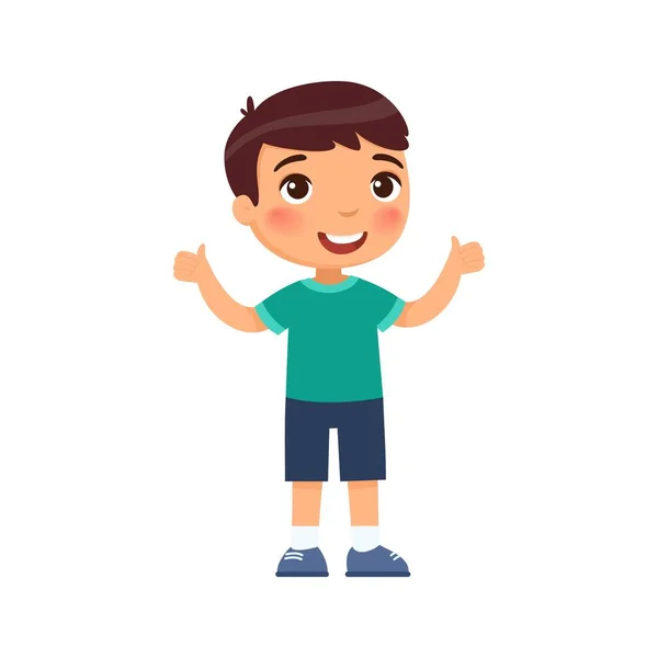 幸せな少年は合意の印として親指を表示されます 白い背景に孤立した漫画のキャラクター 平面ベクトルカラーイラスト — ストックベクタ