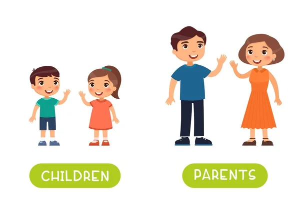 Anak Anak Dan Orang Tua Antonim Kata Kartu Vektor Template - Stok Vektor