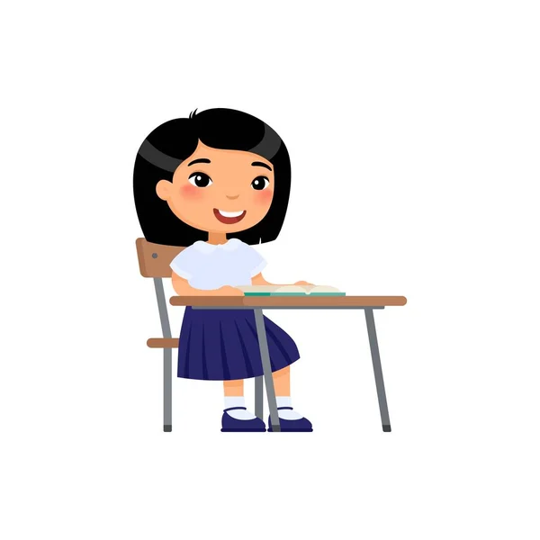 Ασιάτισσα Μαθήτρια Κάθεται Στο Γραφείο Του Σχολείου Χαρακτήρες Κινουμένων Σχεδίων — Διανυσματικό Αρχείο