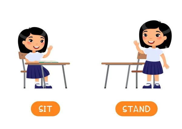相对立的概念 Stand和Sit 带有学童向量模板的教育用字卡 适用于学生外语的闪存卡 小亚细亚女学生平面插图和排版 — 图库矢量图片