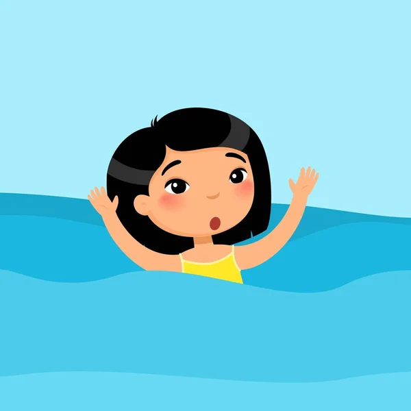 Scared Little Asian Girl Swimming Flat Vector Illustration Child Sinking — Stock Vector