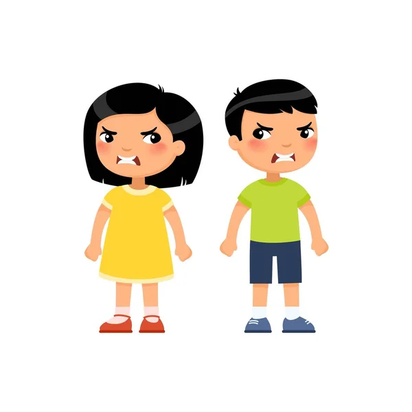Θυμωμένο Μικρό Αγόρι Και Κορίτσι Επίπεδη Διανυσματική Απεικόνιση Οργισμένα Παιδιά — Διανυσματικό Αρχείο