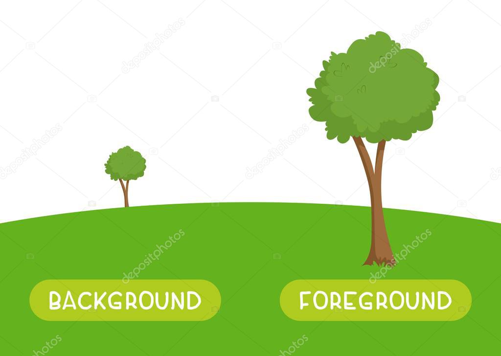 Background and foreground antonyms word card vector template. Flashcard for english language learning. Opposites concept. A green tree stands far on the horizon, a plant stands close.