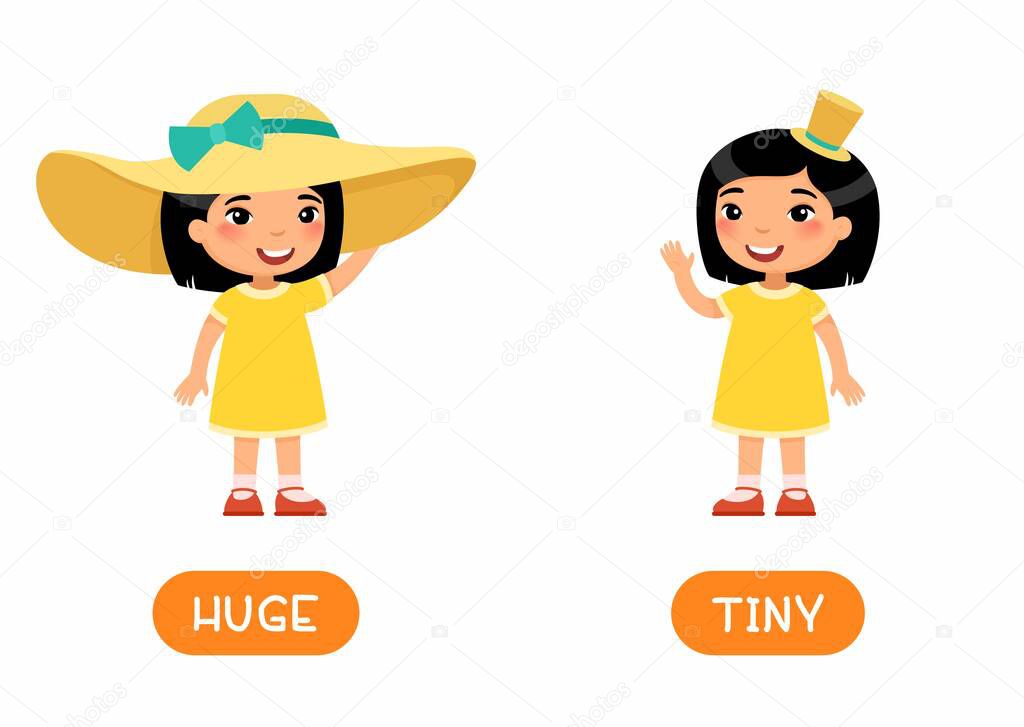 HUGE and TINY antonyms flashcard vector template. Opposites concept. Word card for english language learning with flat character. Girl wearing big and small straw hat illustration with typography