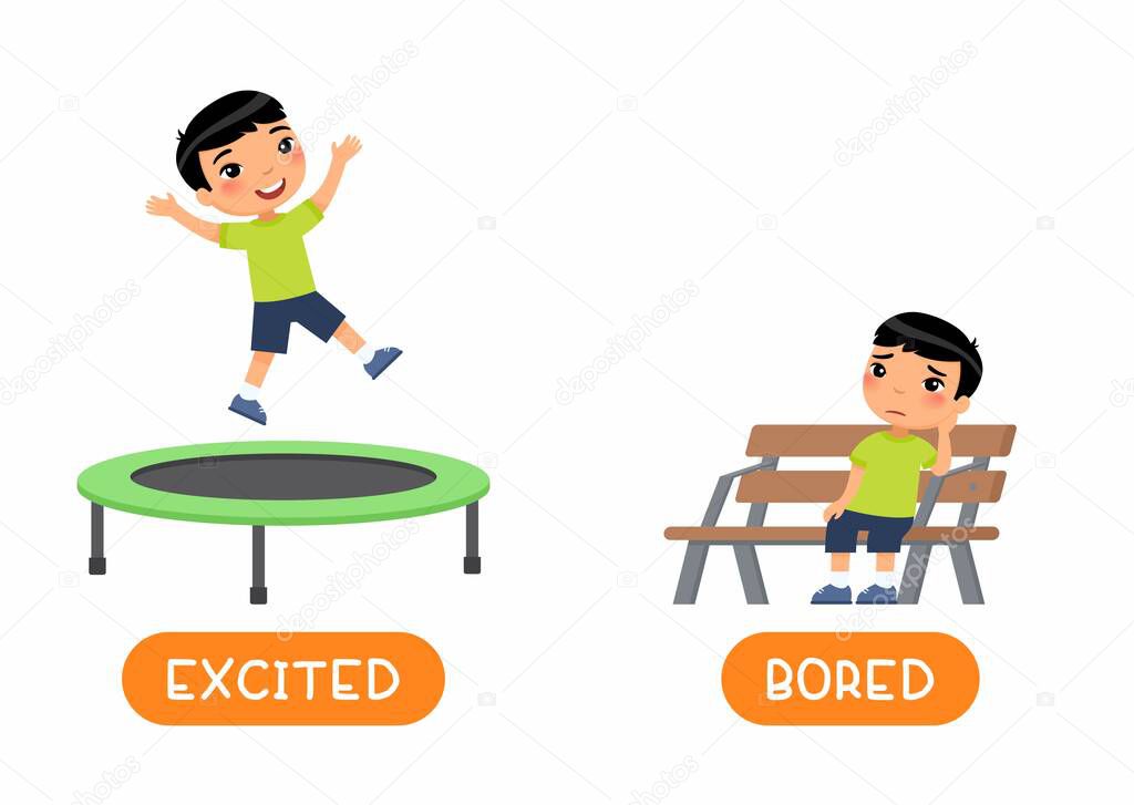 Opposites concept EXCITED and BORED. Antonyms word card vector template. Flashcard for english language learning with flat character. Asian boy jumping and sitting on bench illustration with typography