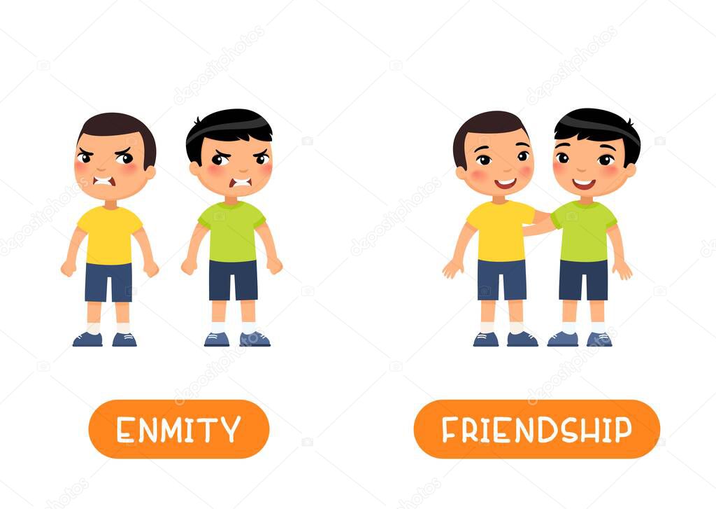 FRIENDSHIP and ENMITY antonyms flashcard vector template. Opposites concept. Two little asian boys quarrel and friends illustration with typography. Word card for english language learning with flat characters.