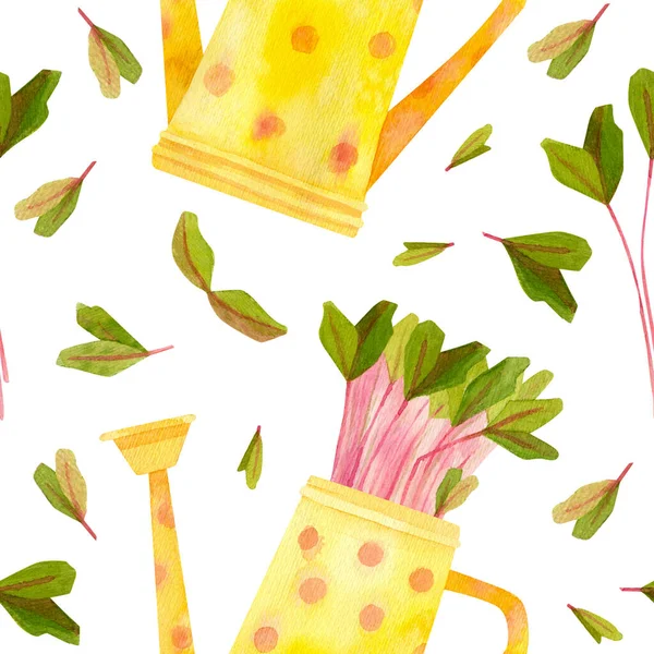黄色の散水はビートの苗で行うことができます 多色の春の作物 新鮮なマイクログリーン クレスサラダ 庭の季節 手描き水彩シームレスパターン 包装紙のデザイン スクラップブッキング デジタルペーパー — ストック写真