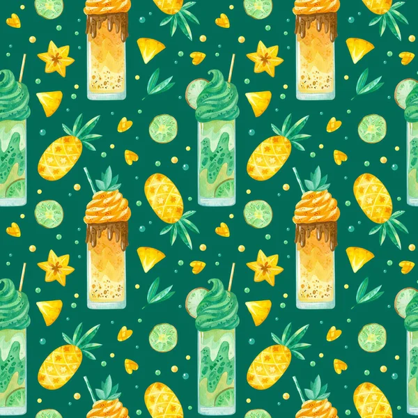 Sweets Yummies Hand Getekend Naadloos Patroon Milkshakes Ananas Carambola Kiwi — Stockfoto