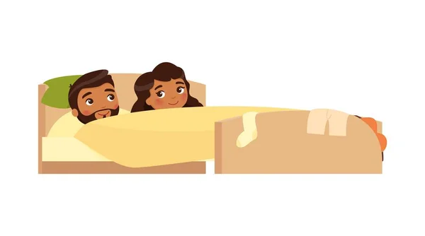 Pareja Joven India Sonriendo Cama Ropa Está Dispersa Satisfecho Hombre — Vector de stock