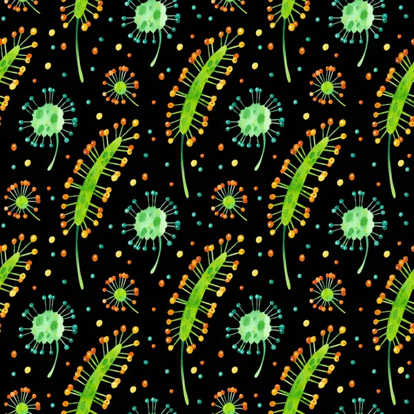 Exotic jungle  sundew, foliage, plants  flora. Summer season mood  flat watercolor seamless pattern on dark background.  Tropical exotic greens watercolor illustration. 